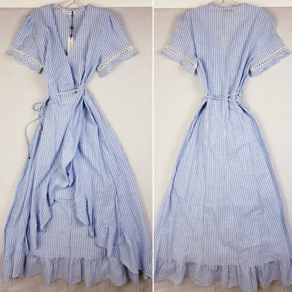 NWT Heartloom River Maxi Wrap Dress Stripe Cotton Ruffle Eyelet Sleeve sz L Blue - Picture 2 of 13